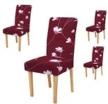 Lukzer 4PC Elastic Stretchable Dining Chair Cover Universal Protective Slipcover (New Maroon Flower Design/ 4Cover), Polyester