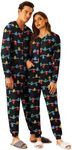 Ekouaer Christmas Matching Onesie for Couples Zipper One Piece Pajamas Adult Hooded Jumpsuit with Pockets Christmas Lights XXL