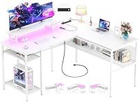 Cyclysio L Shaped Gaming Desk with LED Lights, 55'' Computer Desk with Power Outlet, Reversible Corner Desk with Open Storage Shelves, Office Desk with Monitor Stand, Home Office, Workstation, White