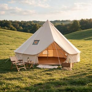 Canvas Bell Tent, Glamping Tent with Stove Jack, PVC Base, Mesh Window, 4 Season Use, Yurt Hot Tents for Camping, Family, Party,