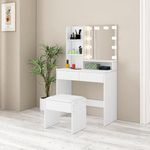 Ikewaier Dressing Table, LED Lights with Adjustable Brightness, Vanity Table with Mirror and Stool, 2 Drawers and 4 Compartments, Makeup Table, Modern, White