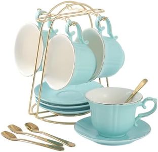 DUJUST Tazas de té y platillos Conjunto de 4 (235 ml), color de caramelo con adornos dorados, tazas de café con soporte de metal, conjunto de fiesta de té de porcelana de estilo simple - Verde