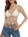 MEROKEETY 2024 Womens Mesh Sheer Long Sleeve Layering Top Sexy Y2k Mock Neck Floral Lace See Through Shirt Blouses Lightkhaki X-Small