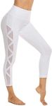 romansong Women's Mesh Leggings Yoga Pants with Pocket, Non See-Through Capri High Waisted Tummy Control 4 Way Stretch, White-Capris, Small