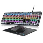 Typewriter Mechanical Gaming Keyboard and Mouse, 104-Key Full Size Retro Keyboards Metal Panel Punk Round Keycap Clicky Blue Switch with RGB Backlit Mouse and Pad Combo for PC Laptop Mac Gamer, Black