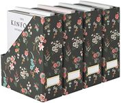 BLU MONACO Set of 4 Foldable Magazine File Boxes with Black Floral Design and Gold Label Holders for Stylish Desk and Shelf Organization - Cute Magazine Holder Set for School, Classroom, Home, Office