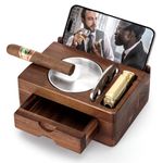 Tesonway Cigar Ashtray, Wooden Cigar Ashtrays with Cigar Cutter, Phone Tablet Holder, Cigar Holder, Accessories Drawer and Lighter Slot, Home Bar Outdoor Ashtray, Great Cigar Accessories Gift for Men