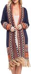 FERBIA Women Boho Cardigan Sweater Long Open Front Maxi Knit Sweaters Aztec Tribal Tassel Fringe Thin Coat