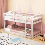 KOMFOTT Low Bunk Bed Twin Over Twin, Solid Wood Bunk Bed Frame with Built-in Ladder & Safety Guardrails, Space-Saving Low Bunk Bed for Kids, Teens, No Box Spring Needed (White)