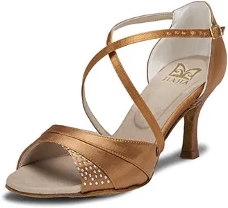 JIAJIA 20522 Women's Satin Sandals Flared Heel Latin Salsa Performance Dance Shoes Color Tan,Size 5 B(M) US/35 EU