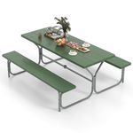 Tangkula 6 Ft Picnic Table, Outdoor Picnic Table with 2 Built-in Benches, Umbrella Hole, Metal Frame & HDPE Tabletop, 8-Person Large Picnic Table and Bench Set for Garden, Backyard, Patio (Green)