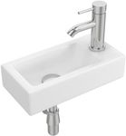 J-FAMILY Small Wall Mount Bathroom Sink Rectangle Ceramic Mini Vessel Sink Small Wash Hand Basin for Space-saving,Right Hand