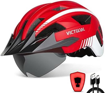 VICTGOAL Bike Helmet with USB Rechargeable Rear Light Detachable Magnetic Goggles Removable Sun Visor Mountain & Road Bicycle Helmets for Men Women Adult Cycling Helmets (M: 54-58 cm, Red)