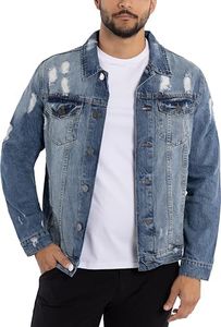 X RAY Mens Denim Jacket, Washed Ripped Distressed Flex Stretch Casual Trucker Biker Jeans Jacket for Men, Medium Blue Ripped, X-Large