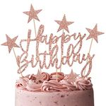 iZoeL 2 Sets Cake Decoration Rose Gold Cake Topper Happy Birthday Banner Confetti Balloon Stars Heart Cake Topper for Women Girls Rose Gold Theme Birthday Party Decor Hen Party