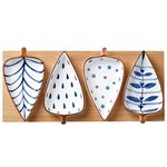 Nestasia Ceramic Serving Platter | 4 Small Leaf-Shaped Plates with 1 Wooden Tray | Perfect for Serving Sweets, Cookies, Dry Fruits, Mouth Freshner & Snacks (Blue & White)