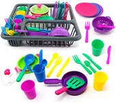 Big Mo’s Toys Pretend Play Dishes Playset – Little Chef Kitchen Set, Kids Cooking Serving Dishes - Play Cups, Pans, Cutlery, Ladle, Tableware, Pots and Dish Drainer, Set of 28