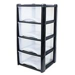 4 Drawer Plastic Storage Tower Unit - Space-Saving, Easy Assemble, Ideal for Clothes, Home Organisation in Exclusive Colours, Versatile Plastic Storage Drawers for Any Room (Black Frame/Clear Draws)