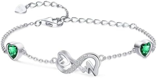 Qings Pulsera Infinito Mujer Plata de Ley 925 Ajustable Corazón con 2 Esmeraldas Mayo Piedras de Nacimiento Pulsera Infinity ECG Pulseras Verde Gema, Joyas Regalos Día de la Madre para Mamá Abuela