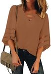 luvamia Women Casual Strappy V Neck Blouse 3/4 Bell Sleeve Mesh Panel Shirts Top, B Amber Brown, Medium