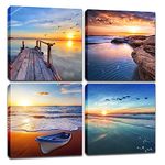 ZHJLUT Beach Wall Decor Sunrise Painting - Framed 4 Panel Blue Sea Canvas Wall Art Ocean Theme Nautical Seascape Landscape Decor for Boy Girl Teen Women Home Ofice Decoration (16X16 INCH Framed)