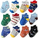 Baby Non Slip Grip Ankle Socks, 12-Pack [Cartoon] Sticky Slippery Cotton Crew Socks for 1-3/3-5 Years Old Infants Toddlers Kids Boys Girls Crawling Unisex Ankle Socks Non Skid Sole for Babies Boy Girl