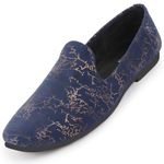 FAUSTO FST FOSME-2068 NAVY-46 Men's Navy Blue Velvet Printed Ethnic Wedding Party Prom Slip On Loafer Shoes (12 UK)