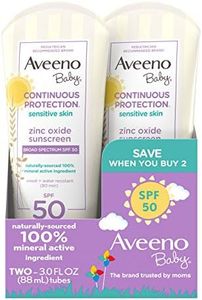 Aveeno Baby Continuous Protection Zinc Oxide Mineral Sunscreen Lotion for Sensitive Skin, Broad Spectrum SPF 50, Paraben- & Tear-Free, Sweat- & Water-Resistant, Travel-Size, 2 x 3 fl. oz