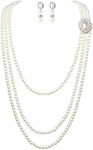 BABEYOND 1920s Gatsby Pearl Necklace Vintage Bridal Pearl Necklace Earrings Jewelry Set Multilayer Imitation Pearl Necklace with Brooch (Style 3-White)