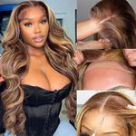 Angelwing Ombre Highlight Lace Front Wigs Body Wave Wigs Pre Plucked with Baby Hair P4/27 Glueless 150% Density 13x4 Lace Front Human Hair Wigs(16 Inch, 4/27 Highlight Wig)