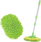 Lychico 2 in 1 Car Wash Mop with Long Handle and Chenille Microfiber Brush Heads, 44In Extension Pole, Scratch-Free Cleaning Tool for Car, Truck, SUV, Boat (2 Mop Heads)