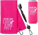 Oh My God Look At Her Putt Golf Towel With Brush and Can Cooler - Golf Gifts for Women - Womens Golf Towel - Pink Golf Towels for Golf Bags Women - Mothers Day Golf Gifts - Ladies Golf Towel