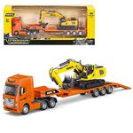 Gemini&Genius Flat Trailer Excavator Truck Toys for Kids, Heavy Duty Alloy Truck Digger Construction Vehicle Toys, 1:50 Scale Diecast Trailer Truck, Transport Vehicles Toys for Kids (2 in 1)