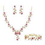 BriLove Women's Wedding Jewellery Set Leaf Cluster Flower Crystal Dangle Earrings Pendant Necklace Link Bracelet Set for Bridal Bride Pink Gold-Tone
