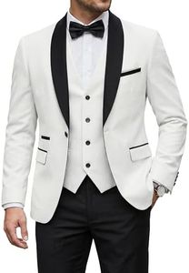 YND Men's 3 Piece Slim Fit Tuxedo Suit Set, One Button Shawl Collar Solid Business Blazer Jacket Vest Pants with Bow Tie, Black Collar White