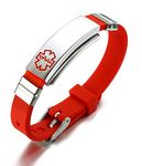 VNOX Free Engraved Stainless Steel Silicone Medical Alert ID SOS Adjustable Bracelet for Men Women Red