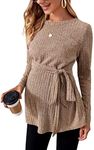 MakeMeChic Women's Maternity Shirts Casual Long Sleeve Tie Front Ribbed Knit Pregnancy Tee Top Mocha Brown M