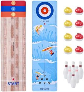 IGreis 3-in-1 Tabletop Game Curling, Shuffleboard and Bowling Game, 35 inch Two-Sided Mat Portable Family Game for Friends Adults, Easy to Set Up Desktop Indoor Outdoor Fun