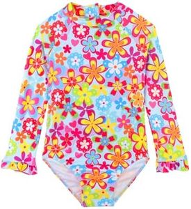 Alakuoti Girls Long Sleeve Rash Guard Swimsuit with UPF 50+ Sun Protection, Colorfur Flower, Size 120 (5-6 Years)