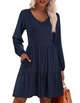 Hotouch Women's Summer Tunic Dress V Neck Tiered Dress for Women Long Sleeve Ruffled Dress Casual Navy Blue Shift Dress with Pockets Womens A Line Dresses Medium