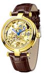 Carlien Skeleton Automatic Steampunk Watches Gold-Tone Luminous Hands Leather Strap Wrist-Watch, Brown, 40mm, Retro