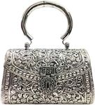 Indian Brass Clutch Silver white Women's Clutches Vintage Handmade Brass metal Ladies Purse Hand clutch Handbag for women party Bride marriage clutch, Silver, Medium