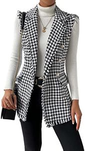 WDIRARA Women's Houndstooth Print Sleeveless Lapel Raw Trim Button Front Long Vest Jacket White and Black L