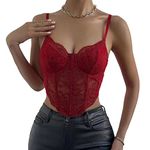 KYKUSS Lace Corset Top V Neck Elastic Straps for Party Streetwear Going Out Party Corset Tops for Women Bustier, Wine Red, Small