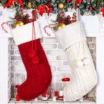 Whaline Knitted Christmas Stockings Large Size Xmas Hanging Stocking Red White Cable Knit Stocking Candy Gift Bags with Pompom for Family Christmas Holiday Decoration, 2 Pack