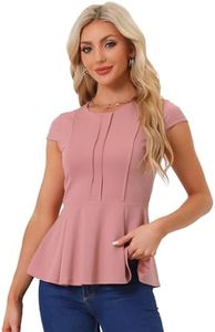 Allegra K Women's Elegant Round Neck Solid Color Workwear Cap Sleeve Peplum Blouse Top Dusty Pink Medium