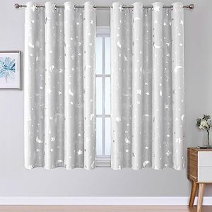 WUBODTI Star Blackout Curtains for Kids Room 2 Panels 54 Inches Long, Grommet Cute Silver Patterned Nusery Curtains Thermal Insulated Room Darkening Short Curtains for Boys Bedroom Baby, Light Grey