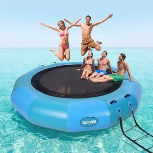 Inflatable Floating Dock, 10x10 ft PVC Round Water Trampoline, Floating Hammock for Pool Lake Ocean, Inflatable Hammock with 4-Step Rope Ladder & Electric Pump, Floating Platform for Adults and Kids