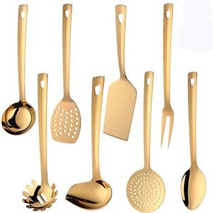 QIBOORUN Stainless Steel Kitchen Utensil Set -8 Cooking Utensils, Colorful Titanium Plated Set Kitchen Tools Gadgets Cake Shovels/Plain Spatula, Potato Masher, Spoon, Slotted Spoon-Gold