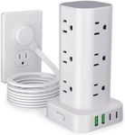 Power Strip Tower with Multiple Outlets, Flat Plug Surge Protector Tower Extension Cord with 12 AC Outlets 4 USB Ports (2 USB C), 10FT Cord Power Tower Surge Protector for Home Office Dorm Room, White